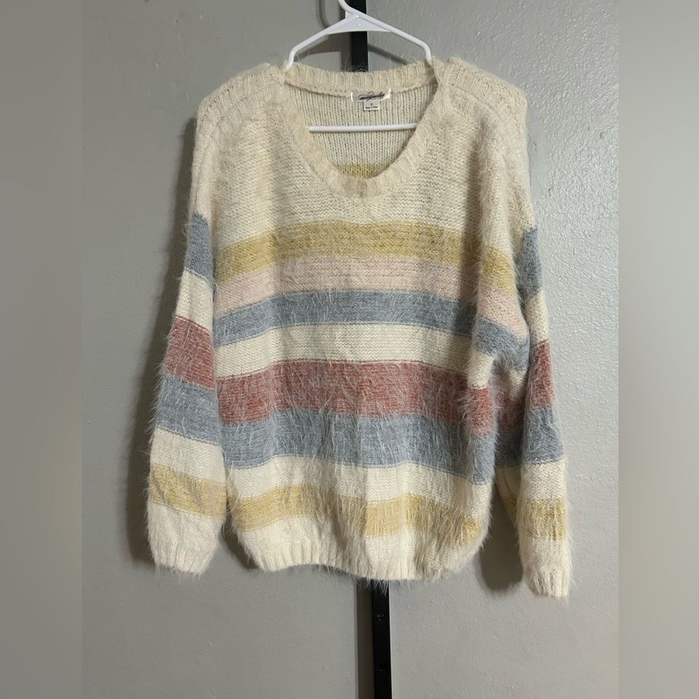 Magnolia Boutique Cream Fuzzy Scoop Neck Sweater with Pastel Stripes Size Small